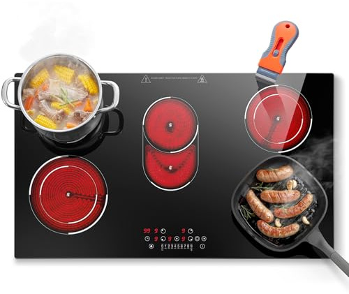 SNDOAS Plaque Vitrocéramique 5 Feux 8400W, 90cm Plaque de cuisson Electrique avec Zone Ovale Pour Plats à rôtir, Table de Cuisson Vitrocéramique, Commande Tactile, Minuteur, pour Toutes Casseroles