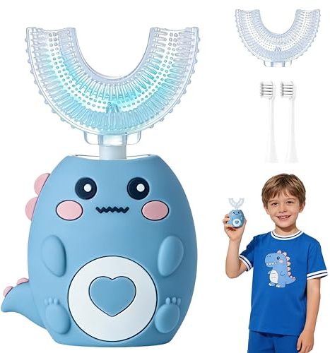 Kids Electric Toothbrush U Shaped, 360º Ultrasonic Toothbrush with Smart Timer & 3 Cleaning Modes, IPX7 Waterproof, Toddler Electric Toothbrush with 4 Brushs Head (Cartoon Dinosaur Ages 2-12) (Blue)