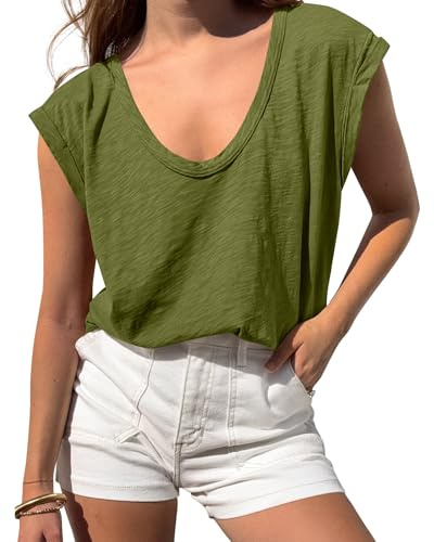 BTFBM Womens Tops Going Out Casual Loose Fit Summer Basic Tees 2026 V Neck T Shirts Trendy Blouse(Army,Small)