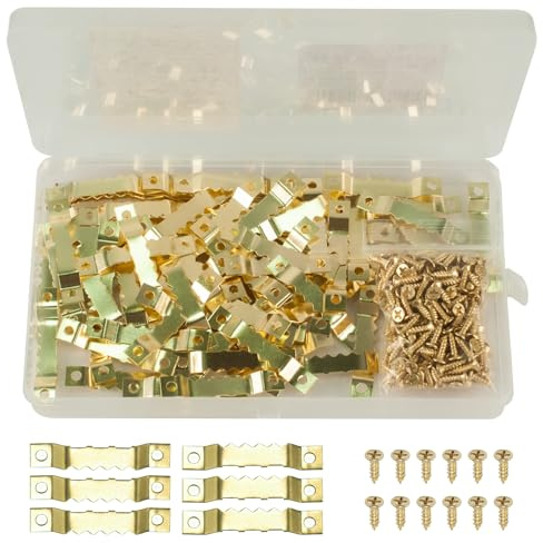 105 Stück Bilderhaken, Sägezahn Bildaufhänger, Bilderrahmen Aufhänger für Bilder, Metall Bild Aufhänger für Kunstwerke Gemälde Bilderaufhänger Aufhängen, mit Schrauben(Gold)