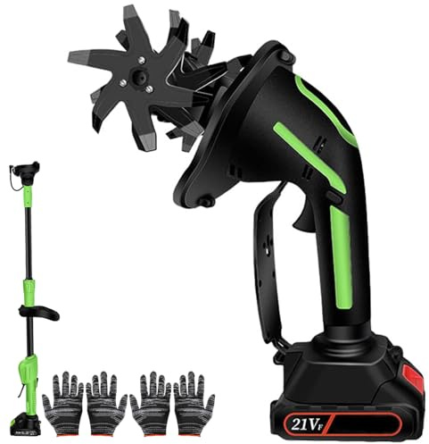 Electric Garden Rotavator, 21V Cordless Mini Tiller Cultivator with 2 * Batteries & Long Pole, 10cm Tilling Depth and 10cm Working Width Electric Rotavator for Gardening, Lawn, 1Battery+Extension rod