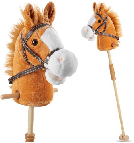 tectake® Steckenpferd mit kuscheligem Plüsch, Hobby Horse Pferde, Holzstab mit Doppelrolle, seitliche Griffe, 103 cm, Spielzeug, Spielpferd, Kinderspielzeug, Holzspielzeug, Motorikspielzeug - braun