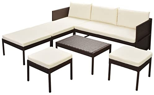 PUGYNBK 6-TLG. PE Rattan Garten Lounge-Set mit Auflagen, Poly Rattan Braun Sofa Set mit 1 Dreisitzer-Sofa, 1 Couchtisch, 2 großen und 2 kleinen Ottomanen, 3 Rückenkissen und 6 Sitzkissen