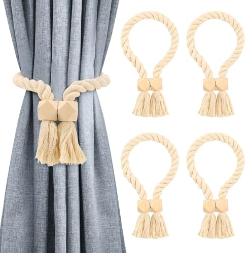 SERAVA Lot de 4 Embrasse Rideau Magnétique Attache Rideau Bohème Beige | Embrasse pour rideaux Coton tressé Beige 60cm Aimant puissant Sans perçage Salon Chambre Bureau Décoration intérieure