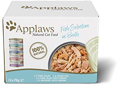 Applaws 100% natürliches Premium-Nassfutter für ausgewachsene Katzen, Fisch-Multipack-Auswahl in Brühe - Packung mit 12 x 70g Dosen