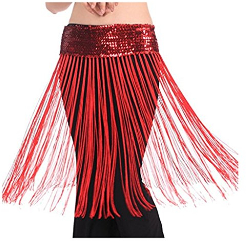 Best Dance orientalischer Bauchtanz-Rock mit Fransen, glänzend, Hüftgürtel und Schal Gr. One size, rot