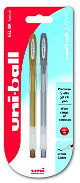 uni-ball UM-120NM Signo Gel Ink Tintenroller in gold und silber, uni Super-Tinte, 0,8-mm-Spitze, 2er-Packung