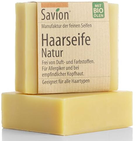 Savion Haarseife Natur | Für empfindliche Kopfhaut & Allergiker | OHNE Duftstoffe | Vegan & Bio: Haarseife ohne Mikroplastik | Palmölfrei | Tierversuchsfrei, 85g