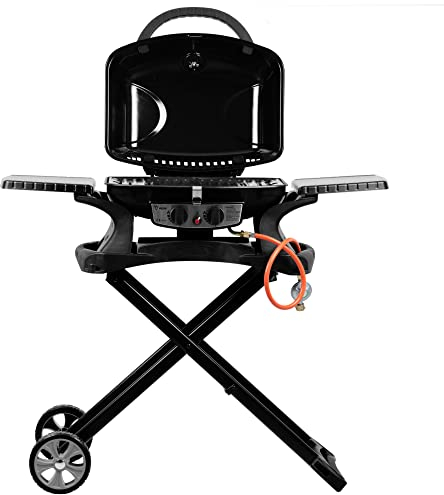 BBQ-Toro Tragbarer Tisch Gasgrill 2 Brenner mit Grilltisch | kompakter Tischgasgrill Tischgrill mit Piezo-Zündung für Balkon inklusive faltbarem Rollwagen für Grill | Gasgrill Camping und Outdoor