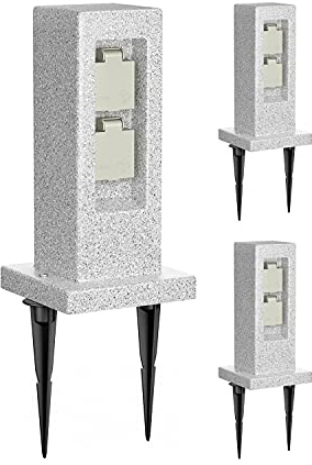 ledscom.de 3 Stück Garten-Steckdosensäule Pock mit Erdspieß Stein-Optik für außen, 2-Fach, Kunstharz, eckig, 30cm