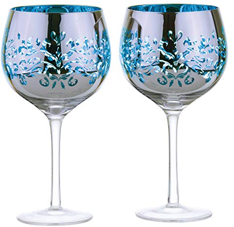 ARTLAND - Set of 2 Filigree Gin Glasses I Blue Electroplated Glasses, Mirrored Silver Finish, Gift Boxed Packaged Gin Gift Set