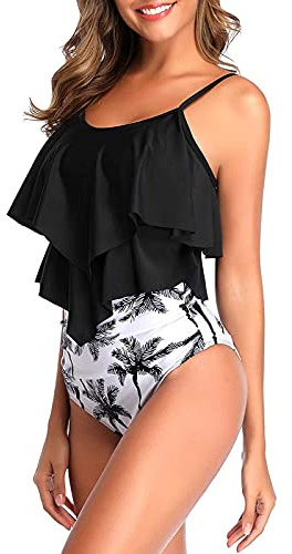 Genfien Maillot de Bain Deux Pièces pour Femme Haut à Volants et Bas Taille Haute Push Up Bikini Taille Haute Vintage Bikini Ensemble