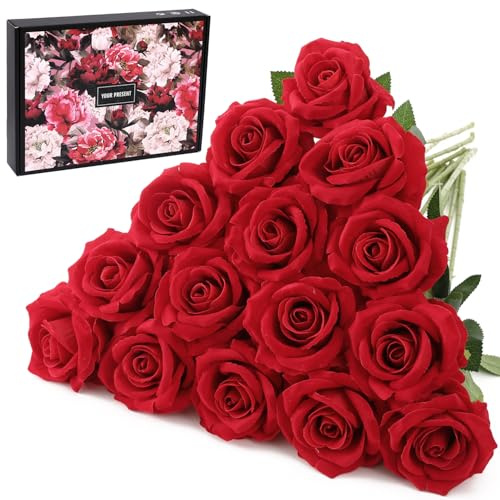Cloudecor 15Pcs Fake Roses Velet Roses Long Stem Artificial Flowers Silk Flowers for Home Wedding Decoration (Round Roses，Red)