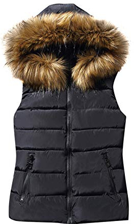 YMING Women's Winter Gilet Quilted Thicken Vest with Hood Casual Zipper Gilet Blk S