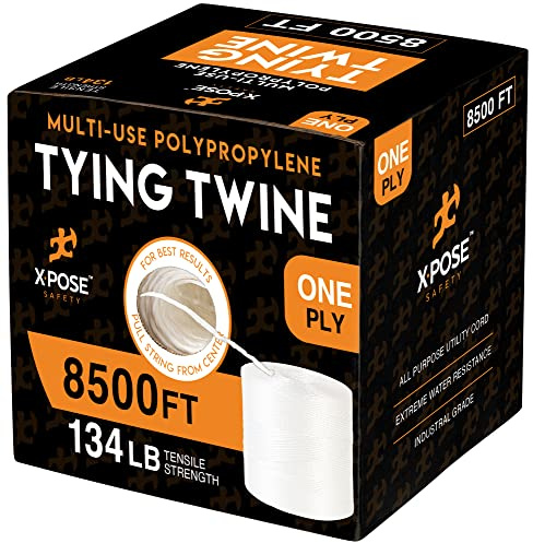 Polypropylene Tying Twine - 1 Ply White Plastic Poly Twine String 8500' Roll - Soft On Hands - Heavy Duty Outdoor & Indoor Tie Line - Baling, Shipping & Bundling, Packaging Rope