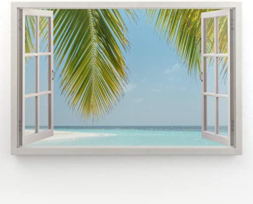 Estika - Leinwand Bilder Fensterblick - Palme, Meer - 120x80 cm - 1 teilige Wandbilder, Bild auf Leinwand, Modern Deko für wohnzimmer schlafzimmer - Natur Landschafts bilder - 6000A_1B