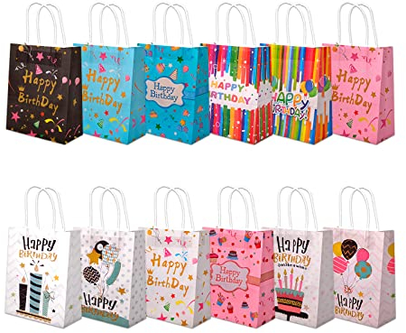 12 Stück | Geburtstag Geschenktüten | Geschenktasche | Tragetasche | Happy Birthday | Papiertasche mit Henkel Geschenk Mitgebsel Kraftpapier Tasche Beutel Geschenkverpackung Geburtstagsparty