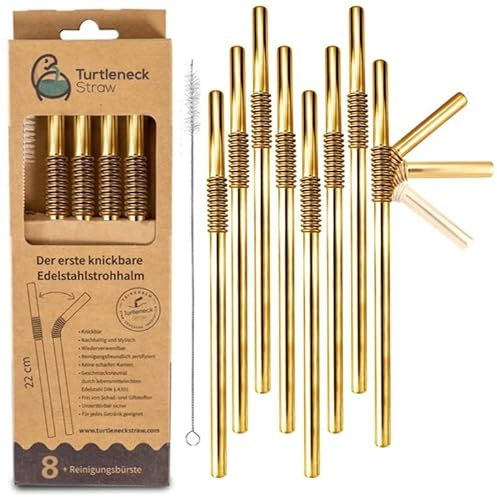 Cannucce pieghevoli | Set di 5 | L'unica cannuccia flessibile in acciaio inox | brevettata e certificata igienica | Set di 8 cannucce riutilizzabili + detergente per cannucce (oro)