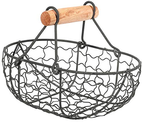 Holzgriff, Metall, Retro-Korb, tragbar, multifunktional, für Gemüse, , Eier, Lebensmittel, praktischer Aufbewahrungskorb, Organizer, Schwarz