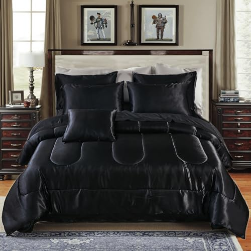 Bedding_Dreamer Black Silky Comforter Set Satin King Bed in a Bag 8 Pieces Luxury Hotel Silky Bedding with 1 Comforter, 1 Flat Sheet, 1 Fitted Sheet, 4 Pillowcases, 1 Cushion Cover (King, Black)