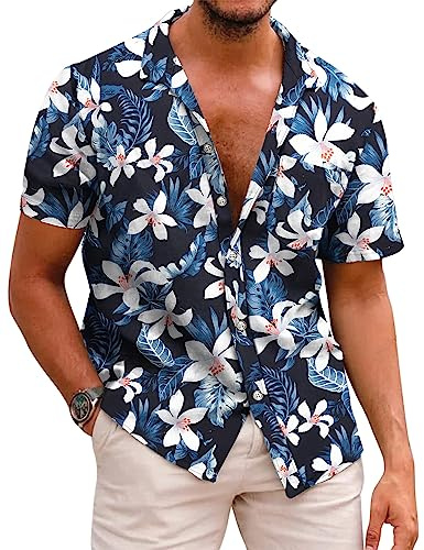COOFANDY Chemises à Manches Courtes Hommes Funky Hawaïenne Chemise à Fleurs d'Été Imprimé Plage Casual Vacances Party Shirt avec Poche A-Noir 3XL