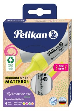 Pelikan Textmarker 490 eco, 4 Neon-Farben, Set mit 4 Stück, mit Keilspitze