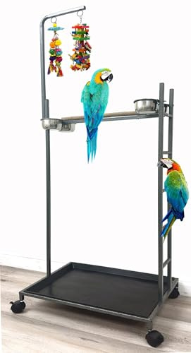 65.5 Inch X-Large Parrot Natural Perch Stand Bird Play Ground Training with Strong Climbing Play Ladder Stainless Feeding Bowls Toy Hook Removable Washable Tray Lockable Rolling Wheels