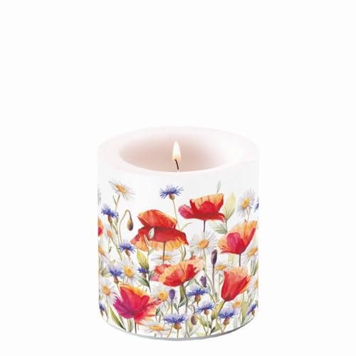 Kerze Blumen Kornblumen und Mohnblumen als Tischdeko. Motivkerze rund klein für den gedeckten Tisch Ø7,5 x 9cm