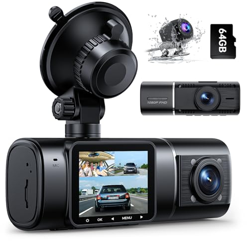 Volam Dashcam Auto Vorne Hinten und Innen mit Akku, 3 Kanal 1080P Dash Cam Auto Kamera Parküberwachung, Infrarot Nachtsicht WDR, G Sensor, Rückfahrkamera Dash Camera mit SD Karte