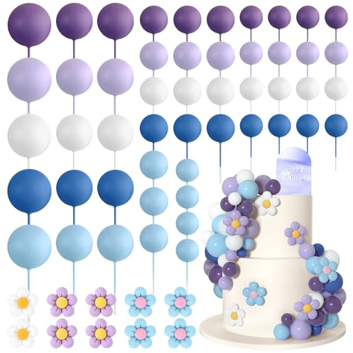 Bouiexye 61 Pcs Boho Cake Topper Balls Decorations Mini Balloon Retro Hippie Daisy Flower Acrylic Cake Toppers for Birthday Party Wedding Rainbow Baby Shower (Blue Purple)