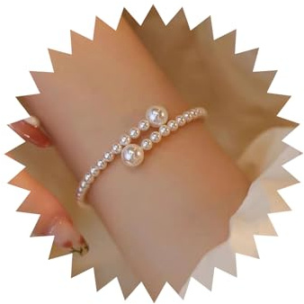 TseenYi Brazalete de Perlas Blancas con Cierre Abierto para Mujer - Pulsera Vintage