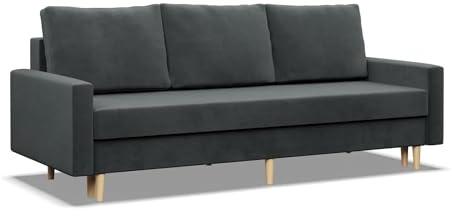 Mebligo - Sofa mit Schlaffunktion und Bettkasten Blank, 3 Sitzer Sofa 212 cm Breit, Schlafsofa, Ausziehbares Couch auf Holzfüßen,Schlafcouch - Dunkelgrau