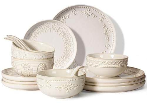 Artena Plates And Bowls Sets, 16 Pieces Dinnerware Sets, Dish Set For 4, Ceramic Kitchen Bowl And Plate Set, Embossed White Dishware Sets, Dishwasher & Microwave Safe (Multiple Patterns)