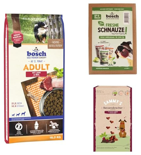 Bosch Hundefutter Bundle: Trockenfutter Adult mit Lamm & Reis 15 kg + Sammy's Herzensbrecher Snack für Hunde 800 g + Mixpaket Freshe Schnauze Gemüse-Topping für Hunde 6 x 200 g | Paket für Hunde
