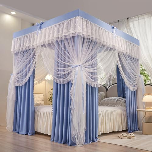 Prinzessinnen-Moskitonetz-Vorhang, doppellagig, einfarbig, Betthimmel mit Rüschen, 4 Ecken, Pfosten-Design, 4 Öffnungen, für Mädchen, Erwachsene, Schlafzimmer, Dekoration (blau, voll)