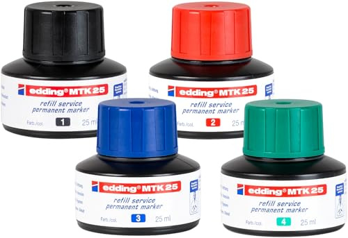 Nachfüllfarbe Permanetmarker schwarz, rot, blau, grün 4x MTK edding 25ml im Set mit Kapillarsystem ideal für das saubere und unkomplizierte Nachfüllen - nicht abwischbar