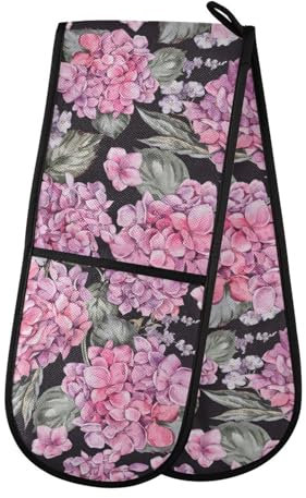 Ofenhandschuhe, doppelte Ofenhandschuhe, rosa Hortensien, Blumen, Schwarz, Ofenhandschuhe, Topflappen, hitzebeständig, gesteppt, für Grillen, Backen, Küche, Kochen