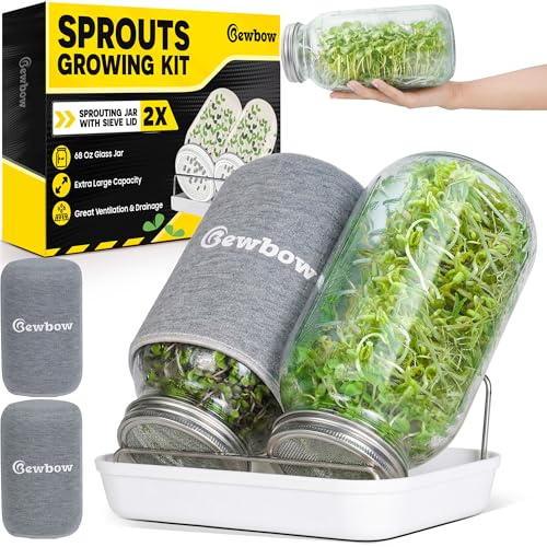 Große Größe: 2000 ml Saatgut-Keimglas-Set mit Ständer, Ablaufschale, Bildschirmdeckel, Verdunkelungshüllen, gute Belüftung und Drainagekapazität, Anbau von frischen Bio-Mungbohnen, Brokkoli und