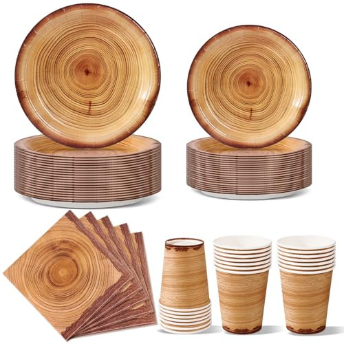 Nkaiso Anniversaire Vaisselle de fete 96 Pièces Grain de bois Party Assiettes en Papier Set Assiettes de Fête Jetables Papier Tasses Serviettesr, pour Barbecue les Fêtes les Pique-niques -24 Invités