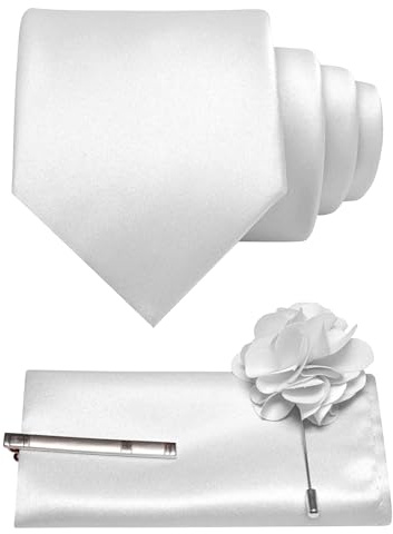 JEMYGINS 8 cm einfarbige formelle Krawatte und Einstecktuch mit Krawattenklammer, Reversnadel-Set, Herrenkrawatte für Business und Hochzeit, 4 Stück, weiß, Einheitsgröße