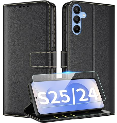 TQIAHF Fodral för Samsung Galaxy S25 5G/S24 5G Fodral med Härdat Glas Läder Flip Plånbok Korthållare Flip Plånbok Stötsäkert Telefonfodral, Svart