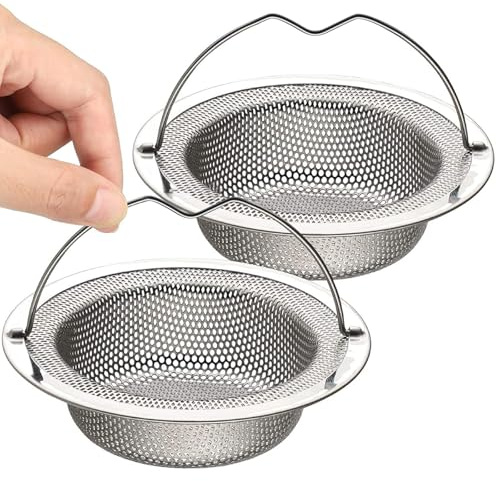 2 Pack Kitchen Sink Strainer, Stainless Steel Large Sink Sieve with Lift-up Handle, Dia 7.5cm Anti Clogging Drain Strainer Sink Food Catcher Basket, Outer Rim 11cm