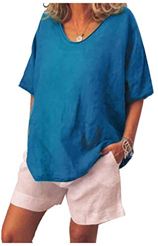 Muslin damer stora storlekar, linneblus damer sommar – kortärmad linneskjorta enfärgad t-shirts basic muslin blus damblusar v-ringad skjortblus casual linneblus linneskjorta basic blusskjorta, blå,