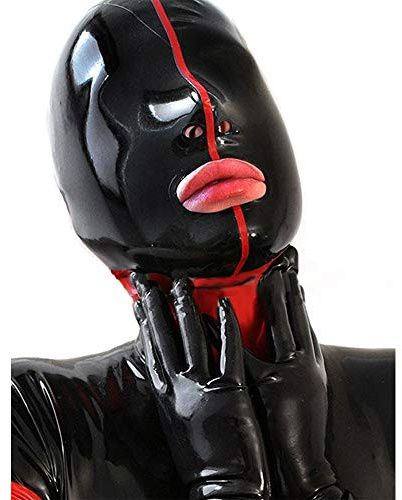 IMZAUYH Latex Mask Black Red Bar Head Unisex Hood Men women Air vent Nostril Mouth BD44 (Black, M)
