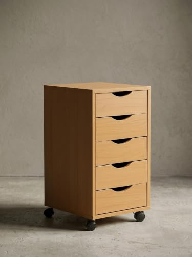KADIMA DESIGN Rollcontainer WL5.924 33x64x38cm Buche MDF-Holz | Schreibtisch-Container Rollschrank 5 Schubladen | Moderner Schubladencontainer mit Rollen | Standcontainer