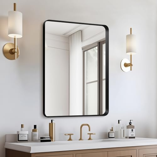 Kosmonia 20x16 Bathroom Vanity Mirror for Wall, Aluminum Framed, Farmhouse Rectangle, Anti-Rust, HD Reflection Anti-Desilvering, Distortion Free, Tempered and Shatter-Proof Wall Mounted Mirror, Black