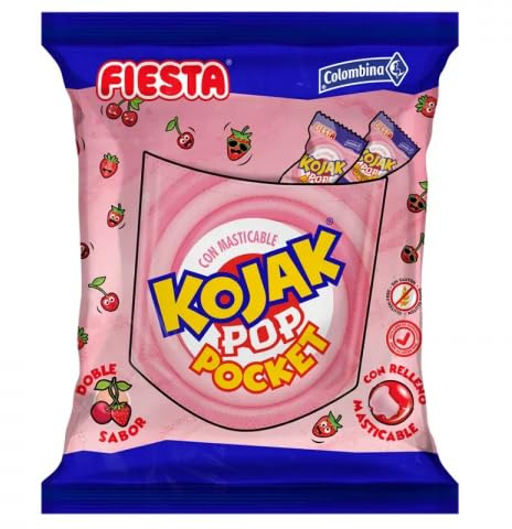 Kojak Pop Pocket Sabor Cereza y Fresa - Caramelo Kojak Relleno de Masticable de Fresa - 200 Unid. Kojak FIESTA