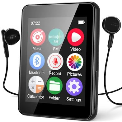 Reproductor MP3 de 64 GB con Bluetooth 5.3, Pantalla táctil Completa de 2,4 Pulgadas, Reproductor Musical portátil con Altavoz, Radio FM, Grabador de Voz, Libro electrónico, admite expansión de hasta