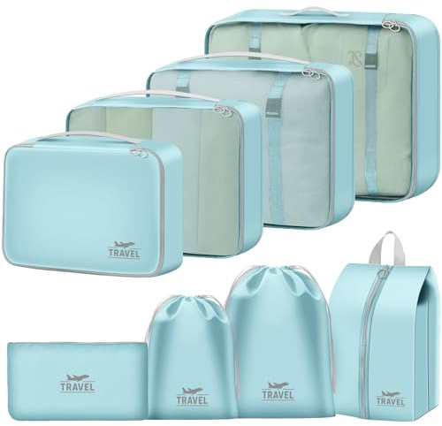 MOFELON Koffer Organizer - 8 Stück, Packing Cubes, Packwürfel für Rucksack, Travel Organizer Packtaschen Set mit Kleidertaschen Schuhbeutel Wäschebeute Kosmetiktasche, Reise Gadgets-Blau