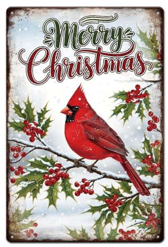 GLOBLELAND Cartel Metálico Navideño con Pájaro Cardenal 20x30cm Feliz Navidad Pintura Vintage para Pared – Decoración de Salón, Oficina y Dormitorio